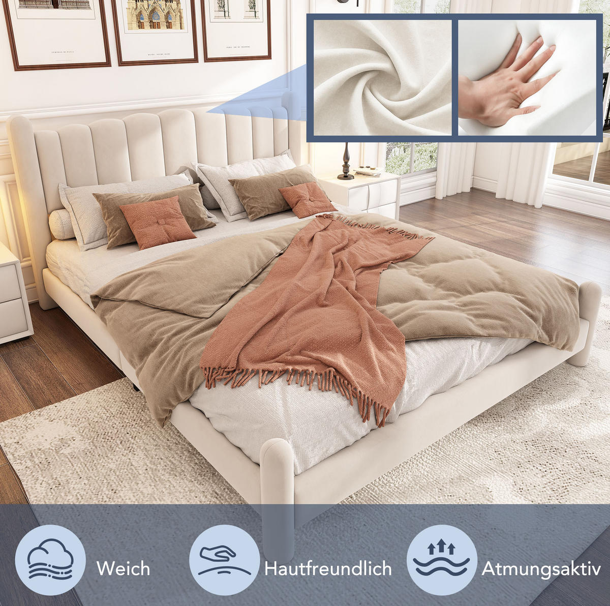 POLSTERBETT 160/200 cm Beige aus Samt mit Lattenrost und Wellenkopfteil - Beige, Textil (160/200cm) - OKMYHOME