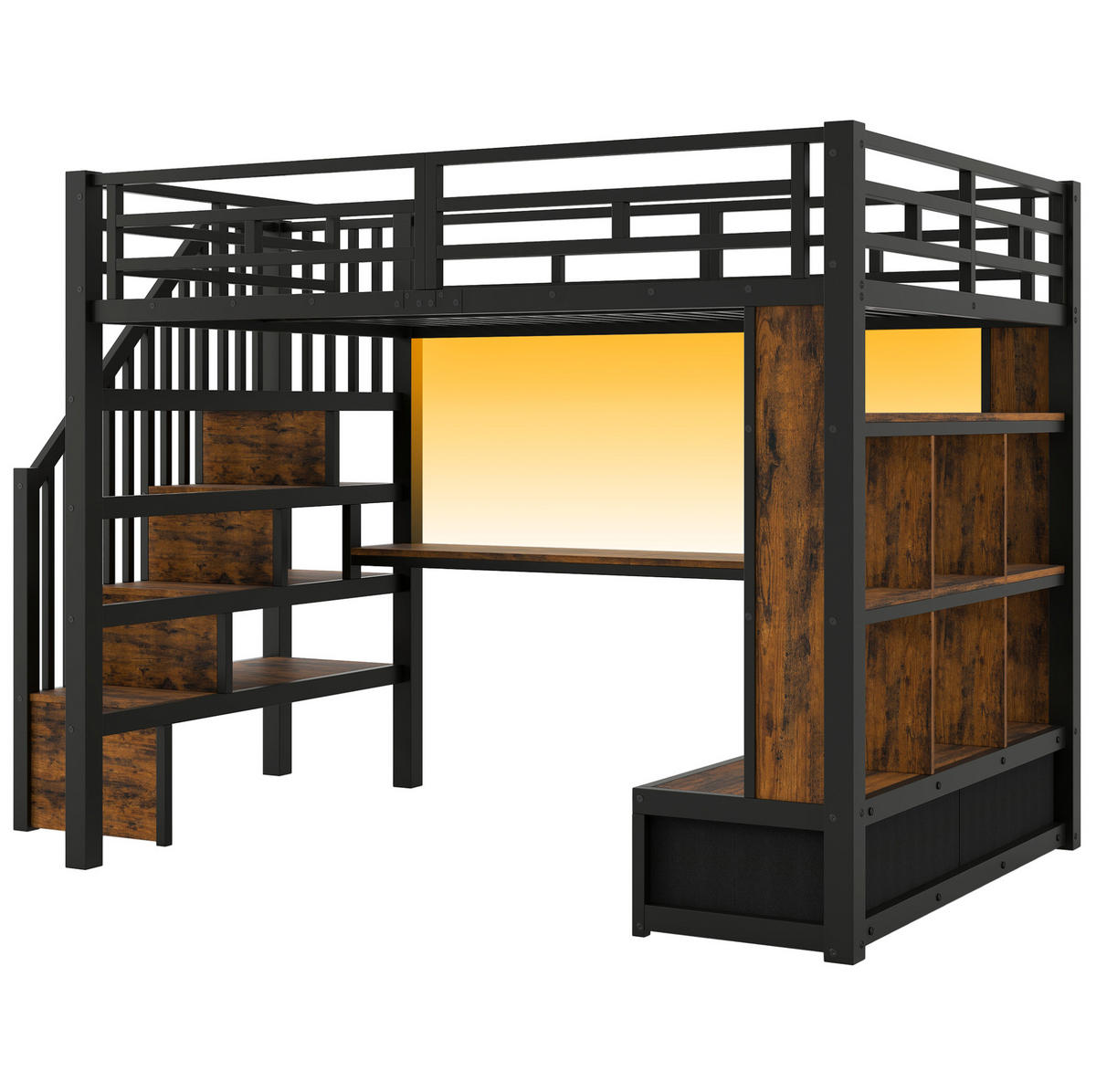 HOCHBETT 140/200 cm mit Schreibtisch, Regalen, 2 Schubladen, Stauraumtreppe und LED-Beleuchtung, Schwarz - Schwarz, Holzwerkstoff (140/200cm) - Redom