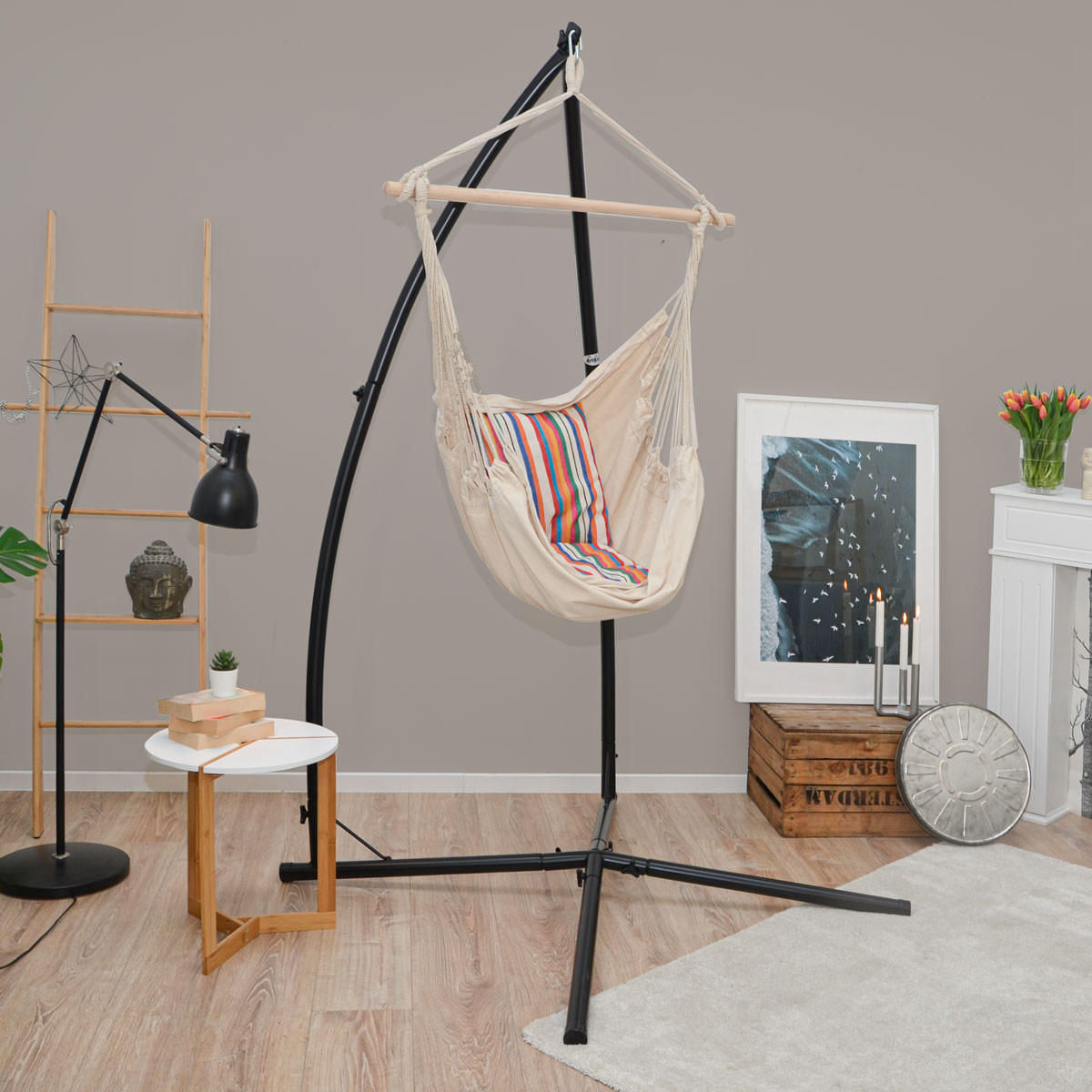 HÄNGESESSEL inkl. Gestell, bis 120kg, 216cm, Beige - Beige, Textil (110/215/110cm) - Amanka