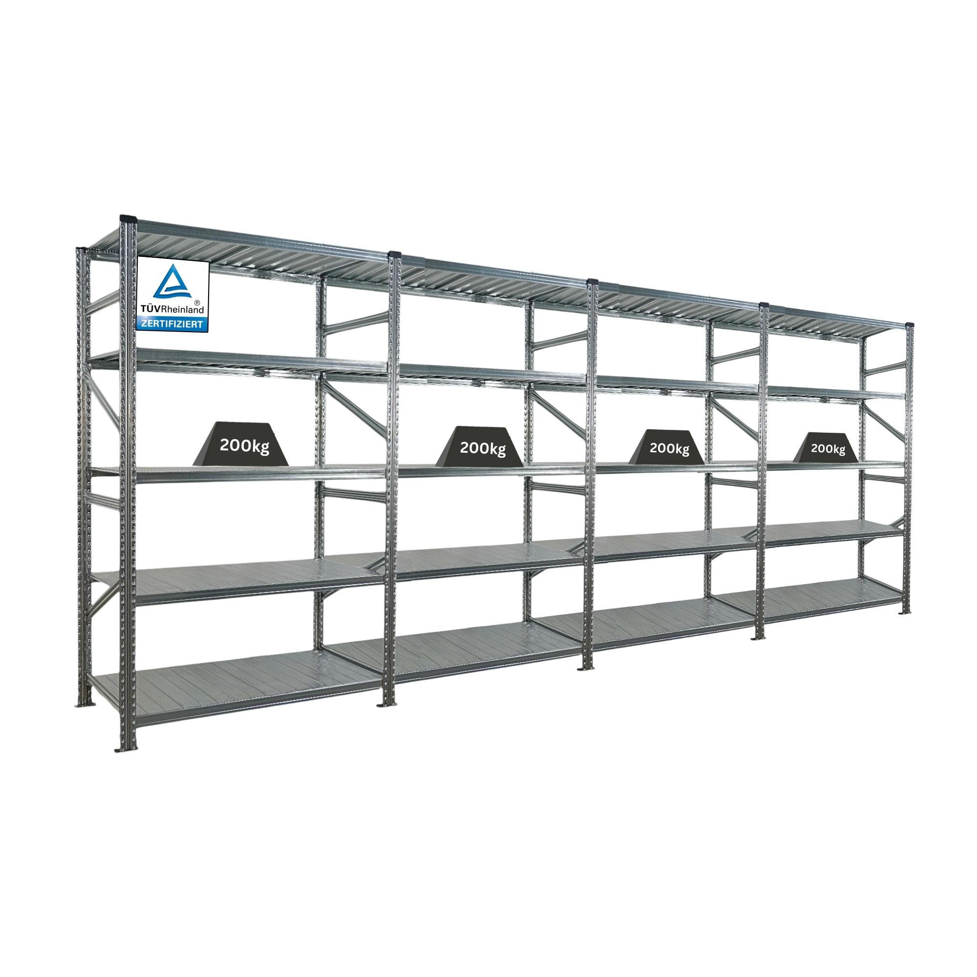 FACHBODENREGAL Proximo Stecksystem 200x480x60cm 5 Ebenen Fachlast 200 kg Beidseitig nutzbar Verzinkt - Silberfarben, Metall (480/200/60cm) - PROREGAL