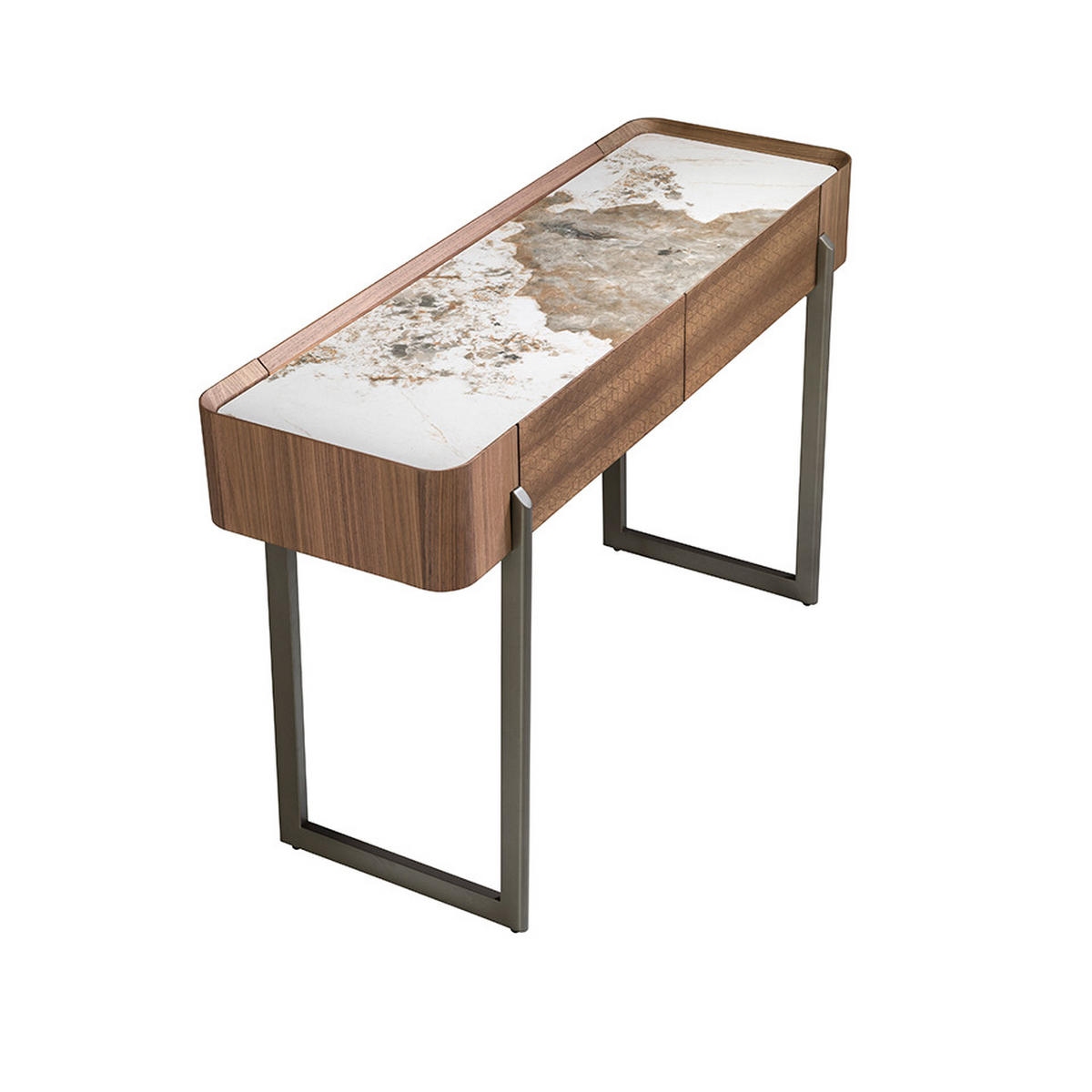 KONSOLENTISCH Rechteckiger Konsolentisch aus Porzellanmarmor, Nussbaum und dunklem Metallic-Stahl 120/40/76 cm - Walnussfarben/Weiß, Holz (120/76/40cm) - ANGEL CERDA