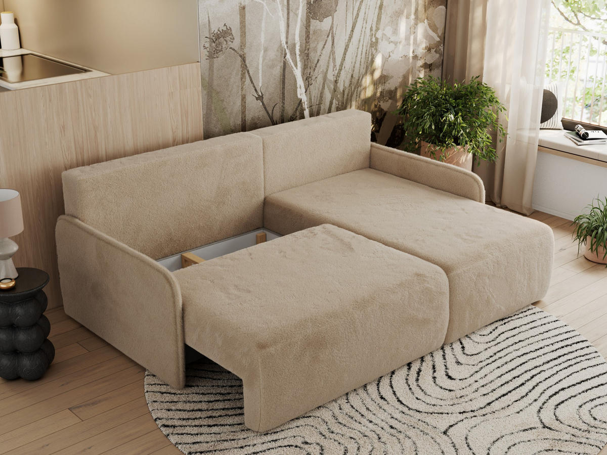 ECKSCHLAFSOFA ARPA L Beige Plüsch - rechts - Beige/Schwarz, Kunststoff/Textil (150/198cm) - MKS