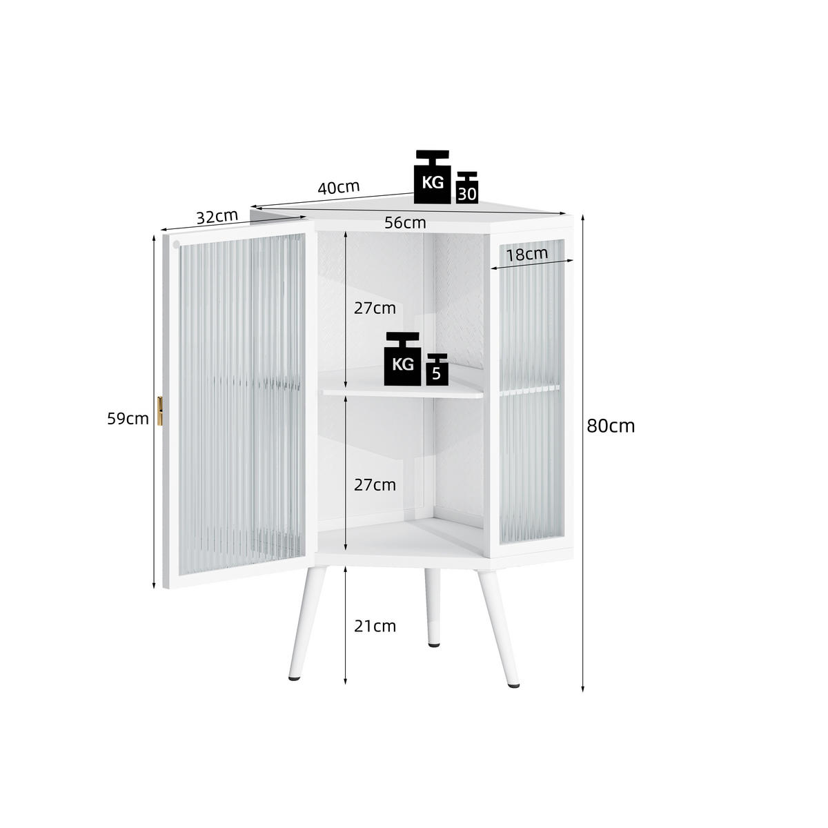 BAD-ECKSCHRANK Weiß, Glastür & 2 Ablagen, 56 x 42,5 x 80 cm - Weiß, Metall (56/80/42.5cm) - Urban Meuble