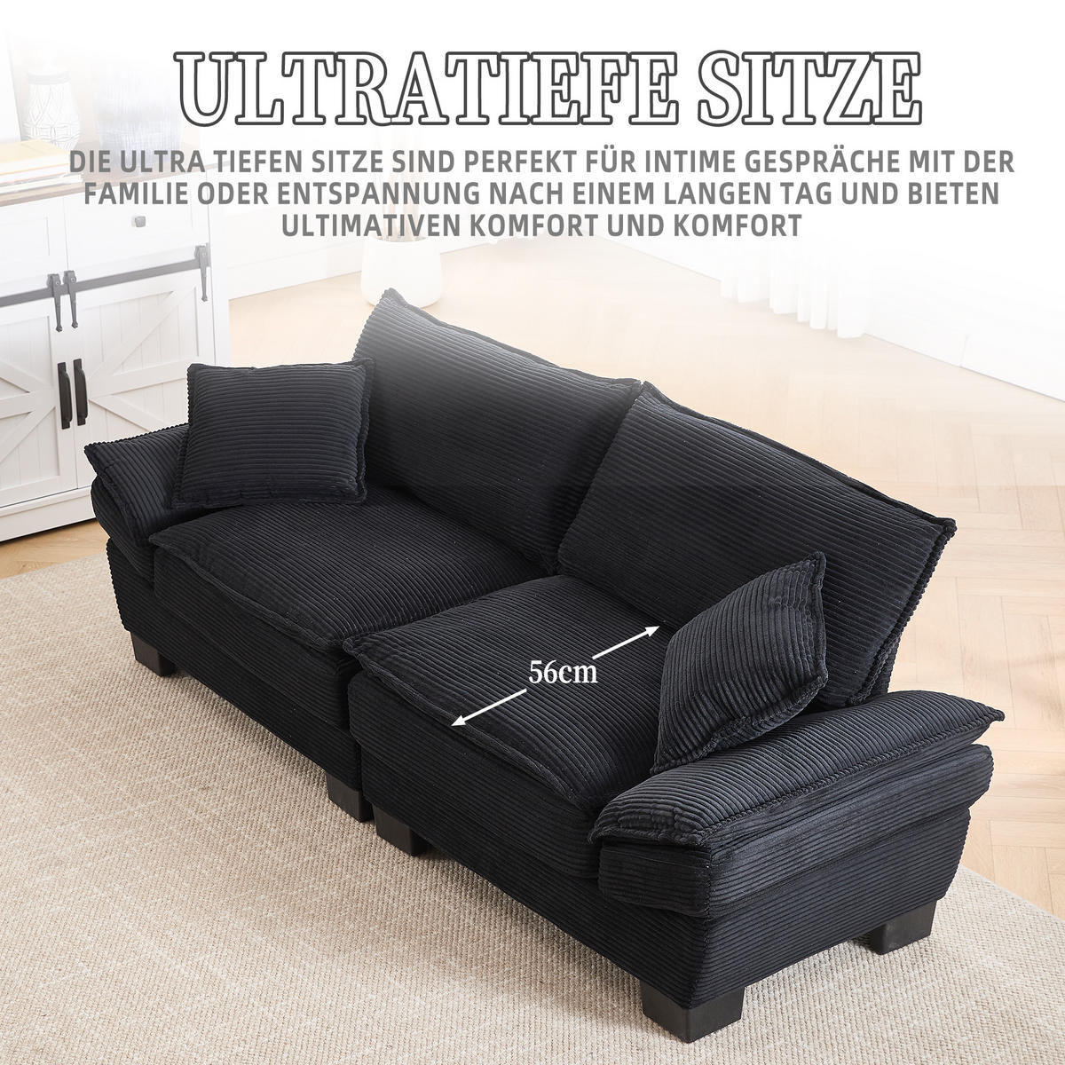 2-SITZER Sofa Samt mit ultratiefem Sitz 224/81/81 cm Schwarz - Schwarz, Textil (81/224/81cm) - Redom