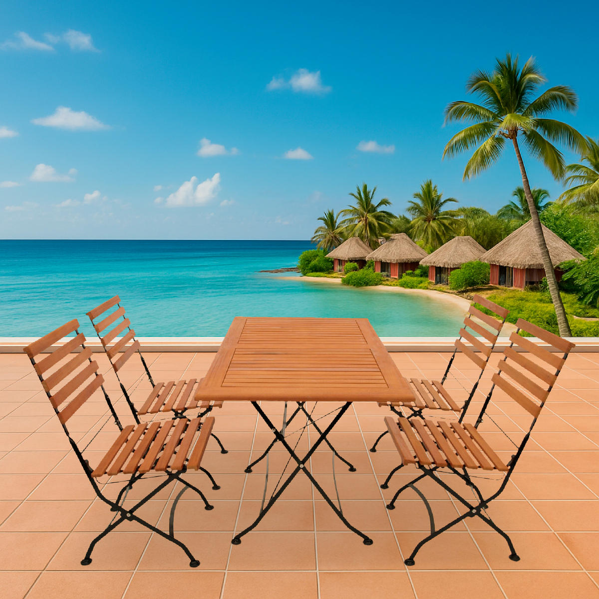 GARTENESSGRUPPE Bad Belzig- 5-teilig (4x Stuhl, 1x Tisch 120x70cm), Gestell Flachstahl schwarz, Latten Eukalyptusholz, FSC®-zertifiziert. - Schwarz, Metall - TPFGarden