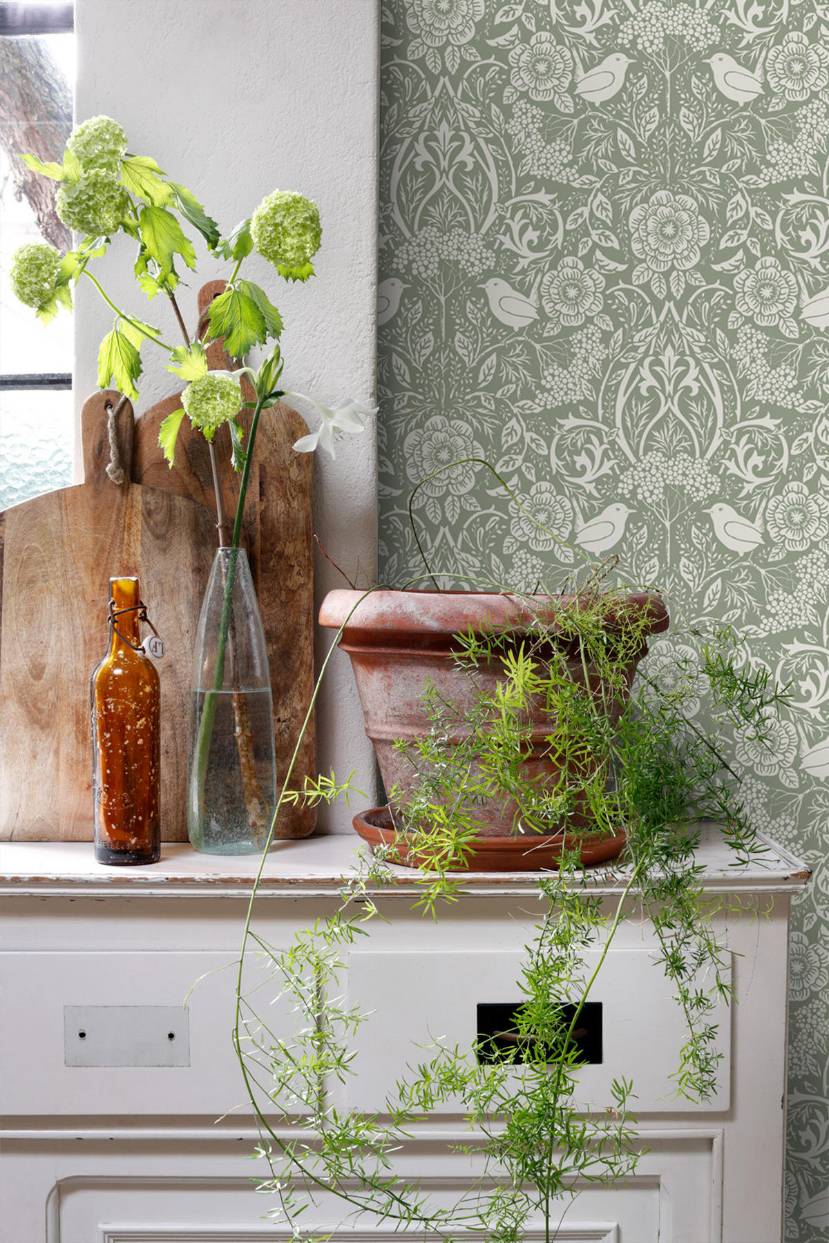TAPETE Blumen und Vögel im Jugendstil 53 cm x 10.05 m - Grün, Papier (53/1000cm) - ESTAhome