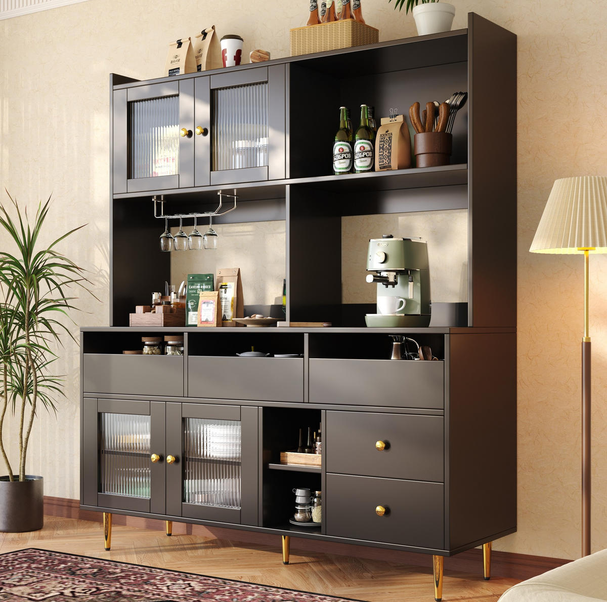 SIDEBOARD 145/39/171 cm schwarz aus MDF mit Glastüren und Weinregal - Schwarz, Holzwerkstoff (39/171/145cm) - OKWISH