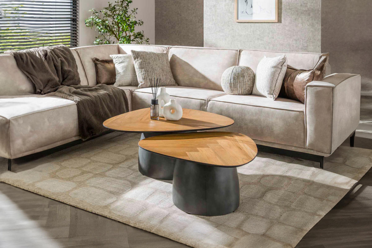 COUCHTISCH-SET LUJAN Braun Teakholz - Schwarz/Braun, Holz/Metall (90/75/40cm) - KAWOLA