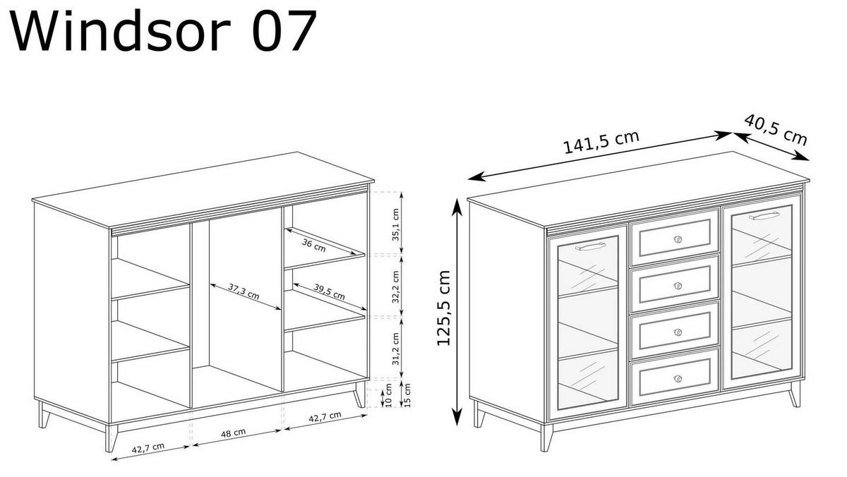 VITRINE Windsor Kaschmir, Breite Viertürige Vitrineschrank mit Schubladen - Kaschmir, Holzwerkstoff (142/126/41cm) - Bettso