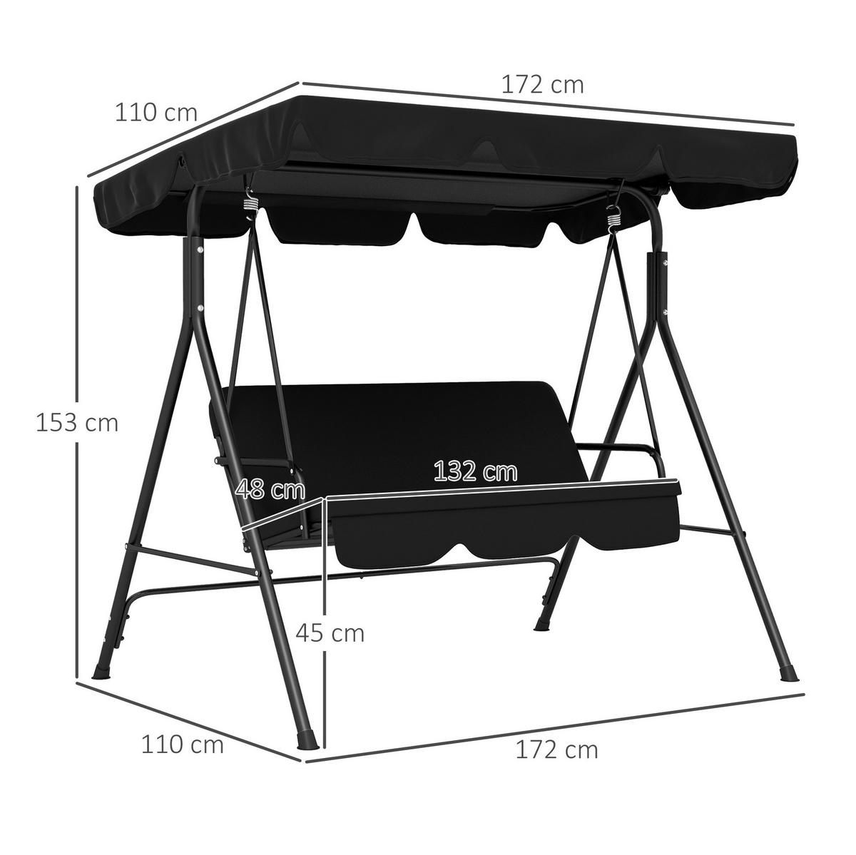 HOLLYWOODSCHAUKEL aus Stahl 172 x 110 x 153 cm in Schwarz mit schwenkbarem Sonnendach - Schwarz, Metall (110/153/172cm) - Modfu