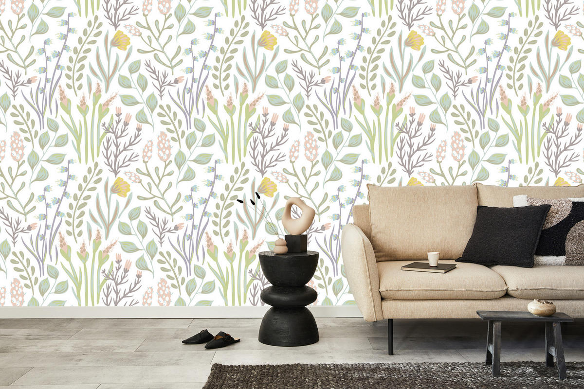 VLIESTAPETE Wiesenblumen und Kräuter – Grün, Beige, Weiß – 50x1000 cm - Beige/Weiß, Papier (50/1000cm) - Muralo
