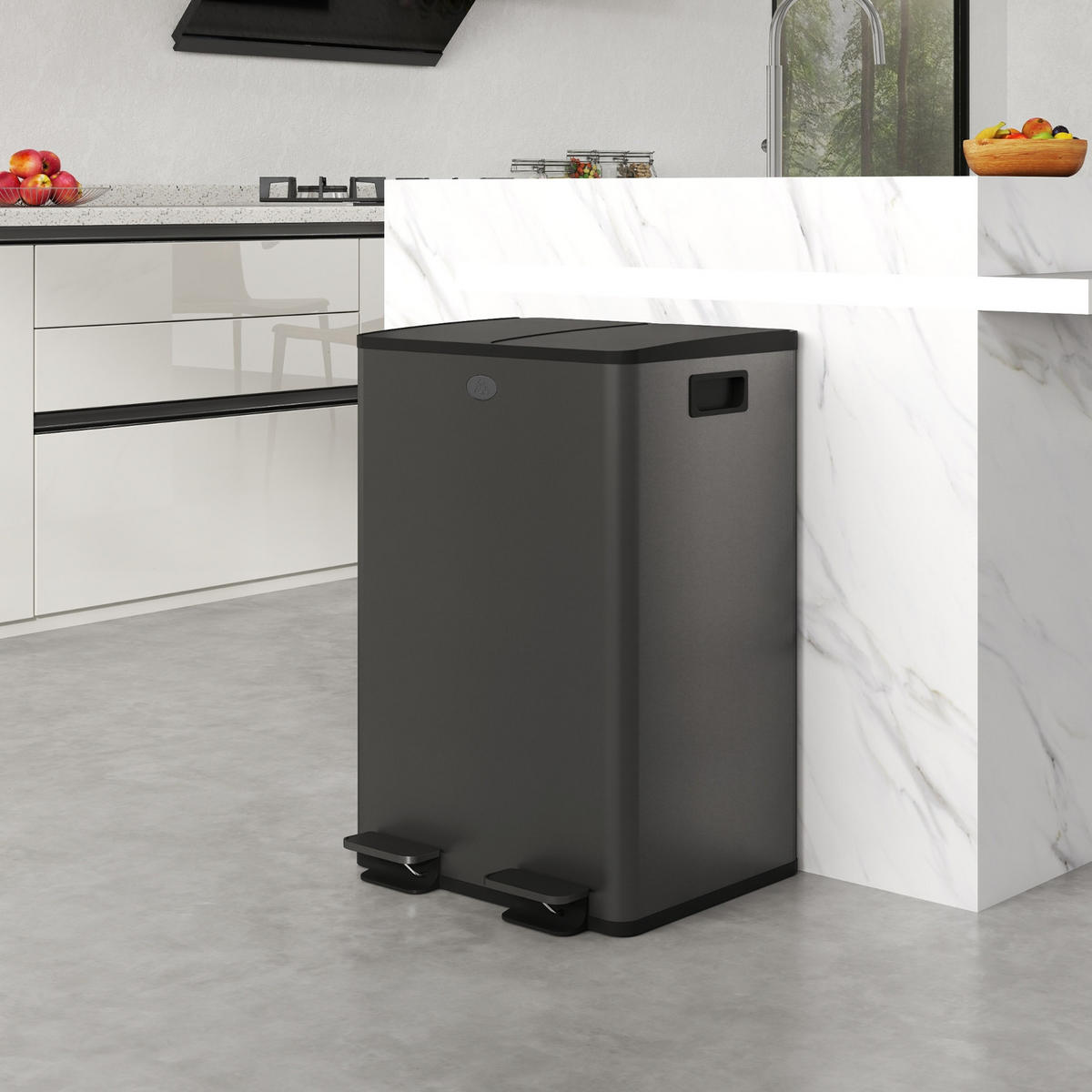 MÜLLEIMER KÜCHE 2 FÄCHER 2X28L 45,8/36/67,6 cm Edelstahl Schwarz Mülltrennsystem - Schwarz, Metall (36/67.6/45.8cm) - Rolipo