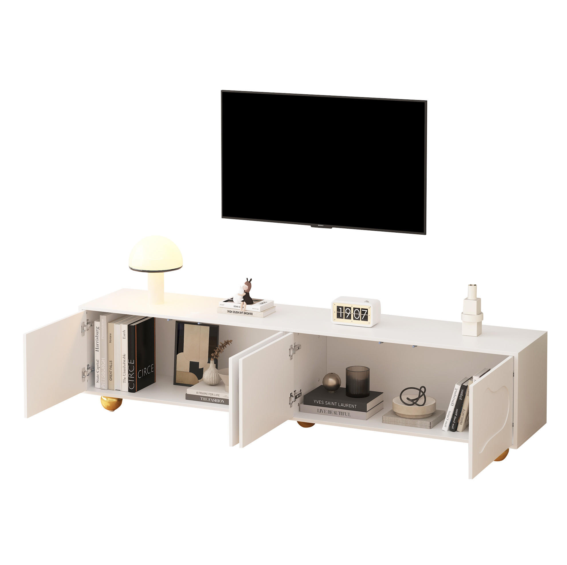 Modfu TV stolek z dřevotřísky 180x40x45 cm bílý se 2 skříňkami, 4 dvířky a dvířky ve tvaru obláčku