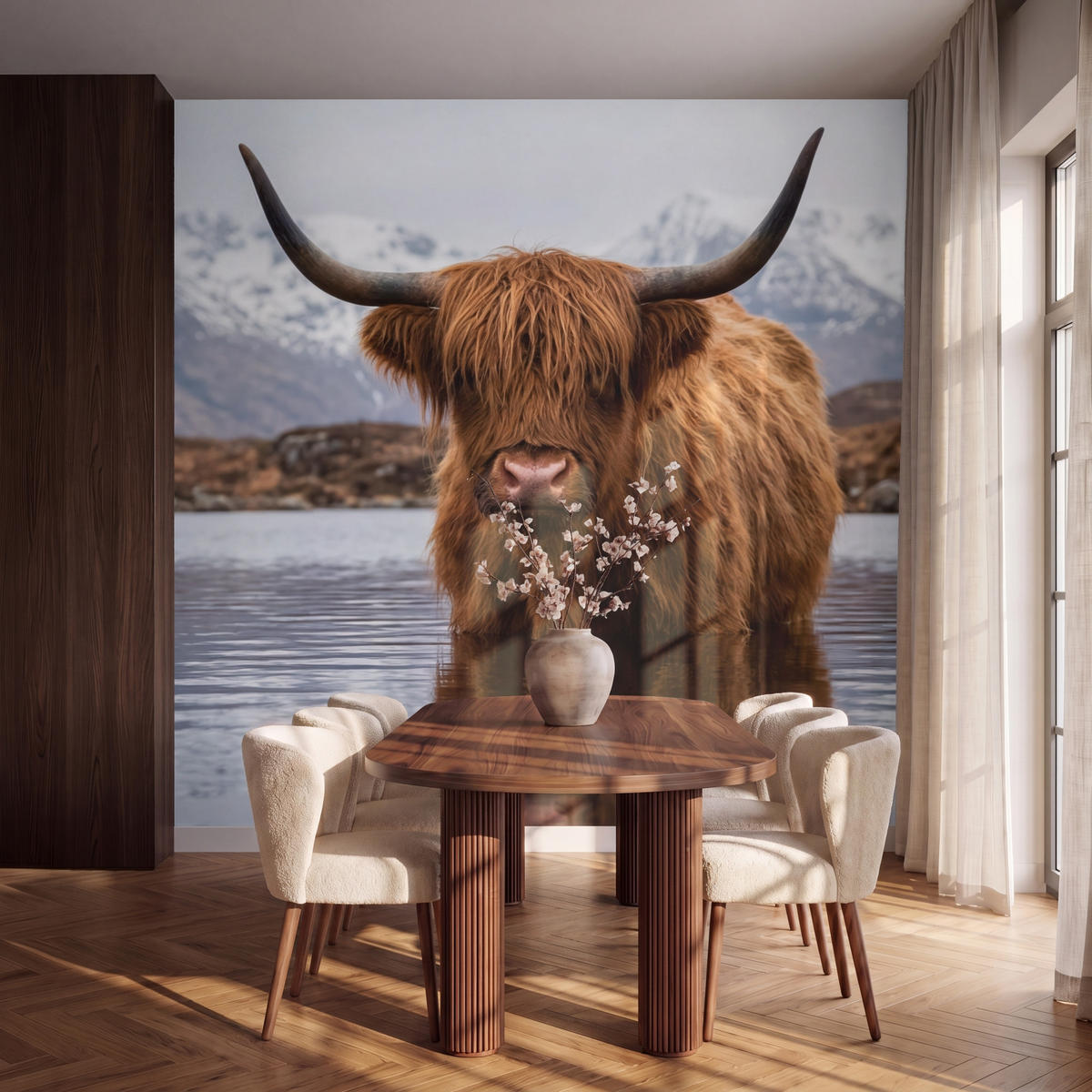 TAPETE - Schottischer Hochländer - Braun - Wasser - 260x240 cm - Braun, Papier (260/240cm) - OnlyWow