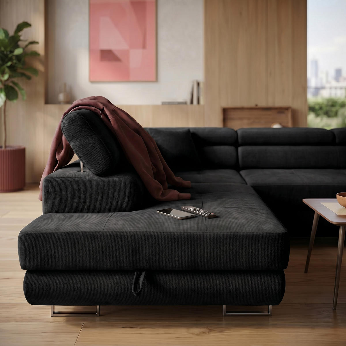 ECKSOFA U-Form WILD U Links mit Schlaffunktion 130x260 Chenille Schwarz - Silberfarben/Schwarz, Holz/Textil (350/90/203cm) - Muffo