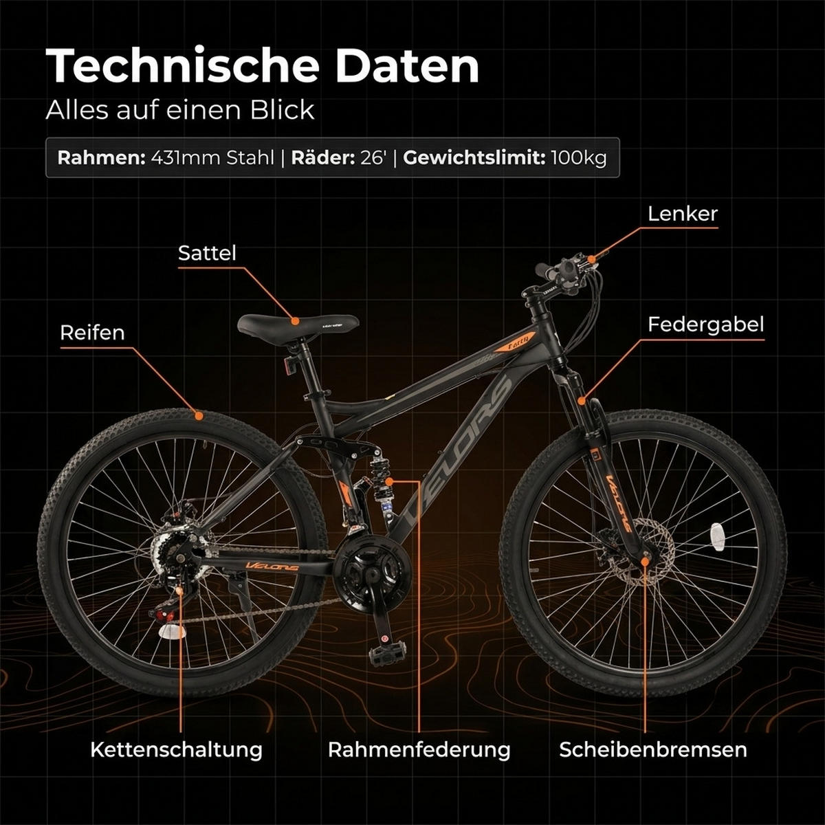 MOUNTAINBIKE 26 Zoll Schwarz + Orange, 21-Gang-Schaltung, Doppel-Scheibenbremsen, Carbonstahl - Orange, Metall (20cm) - Oxeza
