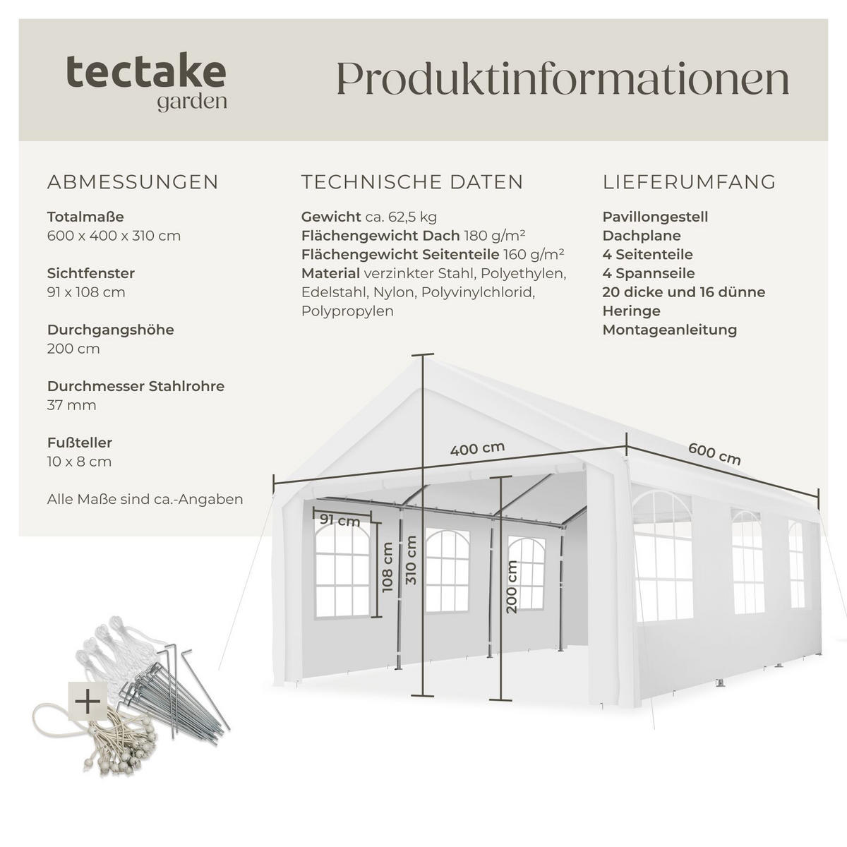 PAVILLON Jasko, inklusive Spannseilen und Heringen, weiß - Weiß, Kunststoff (400/310/600cm) - tectake