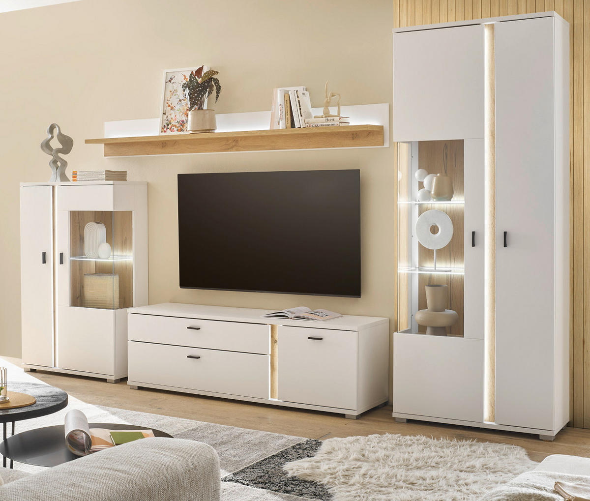WOHNWAND weiß matt, Wotan Eiche, Wohnkombination inklusive Frontbeleuchtung 330 x 200 cm - Eiche Wotan/Weiß, Holzwerkstoff/Metall (305/200/42cm) - Furn.Design