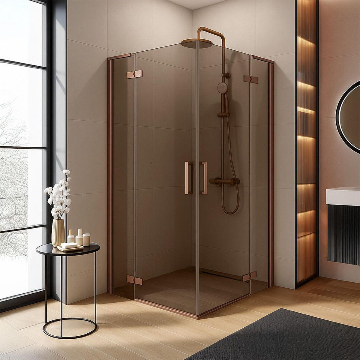 DUSCHKABINE Rea Hugo Double 80x80 Copper Brush - Kupferfarben, Glas (80/80/200.5cm) - REA