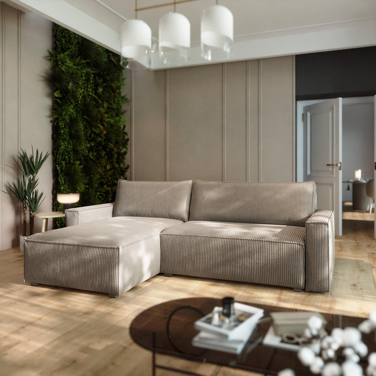 ECKSOFA BESMIR Beige Kordstoff mit Schlaffunktion - Beige, Holz (275/148cm) - MASSENO