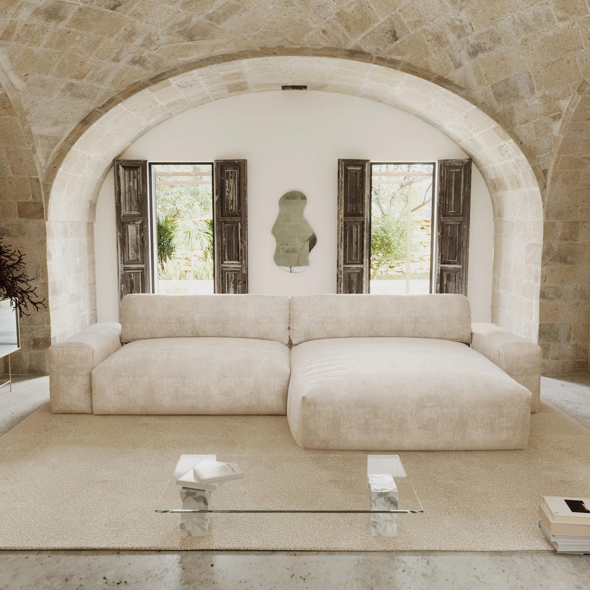 ECKSOFA RECHTS Samt Creme 310cm - Creme, Textil (310/174cm) - Sia Home