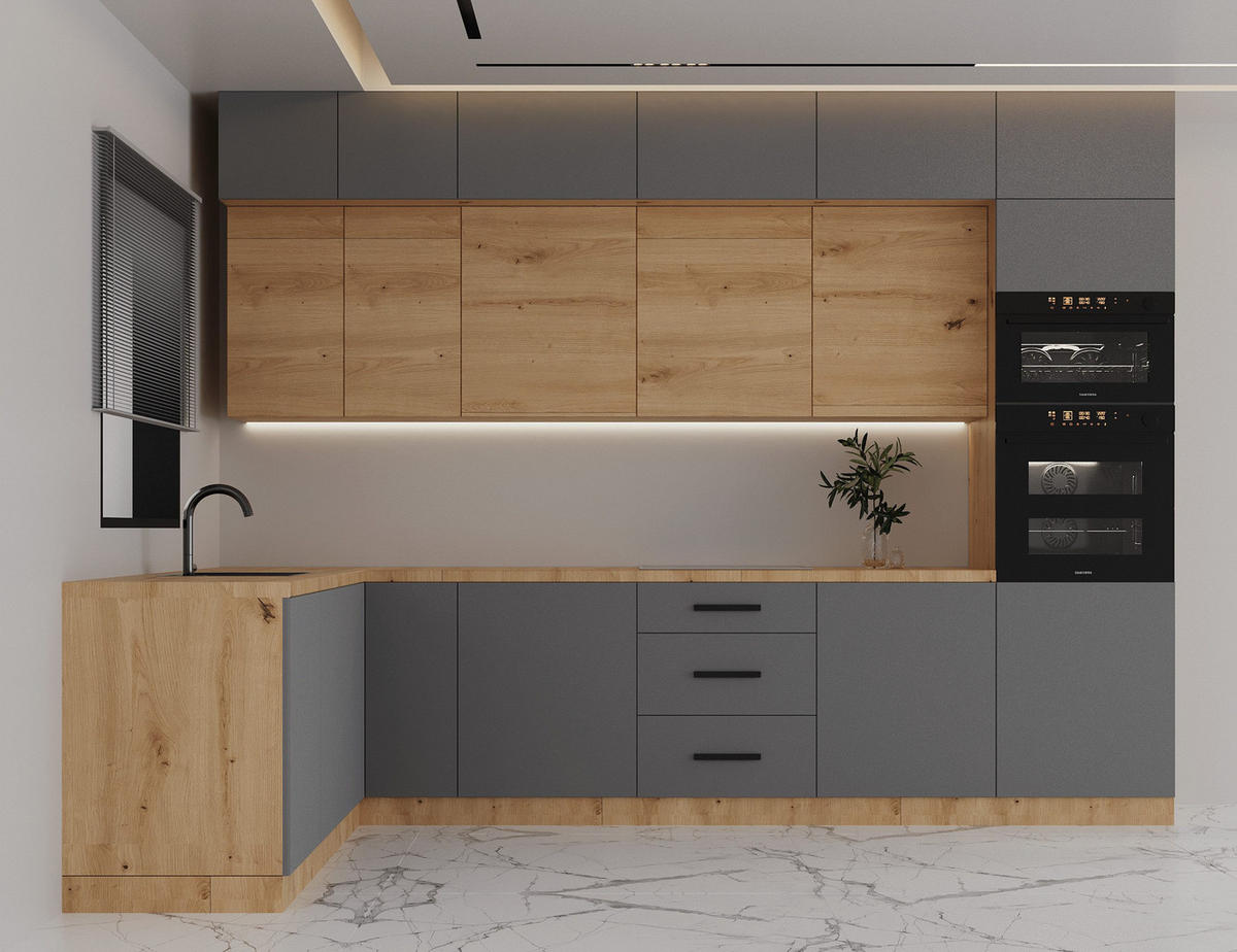 ECKKÜCHE 330 x 230 cm – Nexa K105-G330 – in Beige & Woodline / Matt - Beige/Schwarz, Holz/Metall (330/212/58cm) - ROYAL24_MARKT