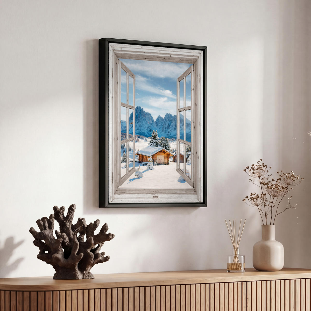 LEINWAND Bilder mit Rahmen - Winterlandschaft - Hütte - Berge - Ausblicke - Aussicht - Natur - 20x30 - Weiß Hochglanz, Textil (20/30cm) - MuchoWow