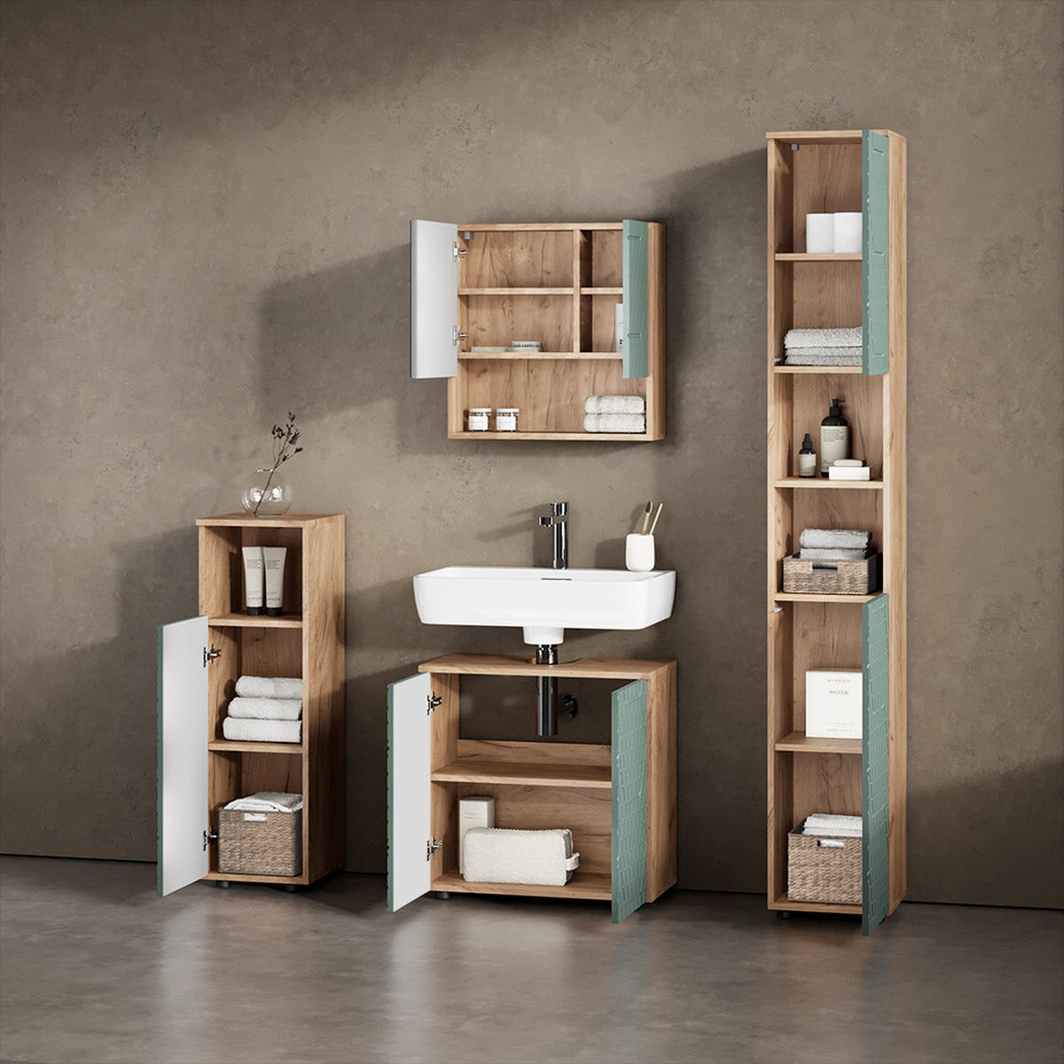 BADMÖBEL-SET Ronco Grün/Goldkraft Eiche 4 Teile, mit Hochschrank - Eiche Wotan/Grün, Holzwerkstoff (60/59/30cm) - Livinity®