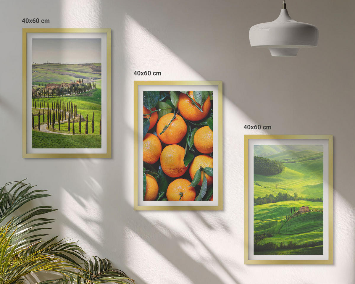 WANDBILDER 3er Set - 40x60 cm Goldrahmen - Italienische Landschaft mit Orangen - Goldfarben, Kunststoff (40/60cm) - ArtPrintCave