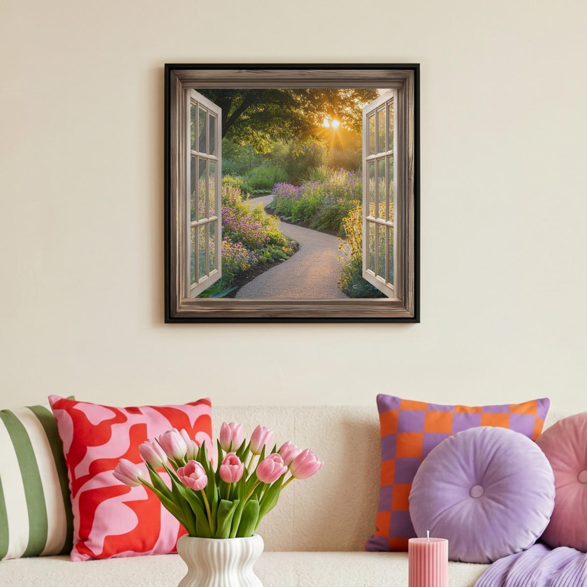 LEINWAND Bilder mit Rahmen - Aussicht - Blumen - Natur - Sonne - Weg - 50x50 - Hellgelb, Textil (50/50cm) - MuchoWow