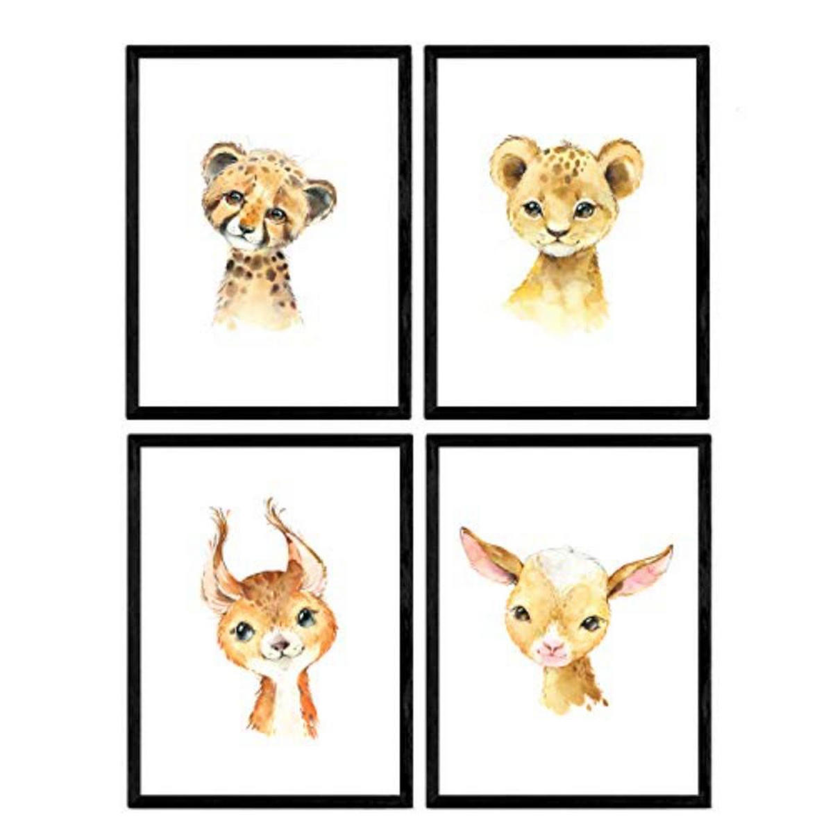 POSTER Set mit 4 Leon Leopard Kuh Hirsch A4 Schwarzer Rahmen - Schwarz, Papier (29.7/3cm) - Nacnic