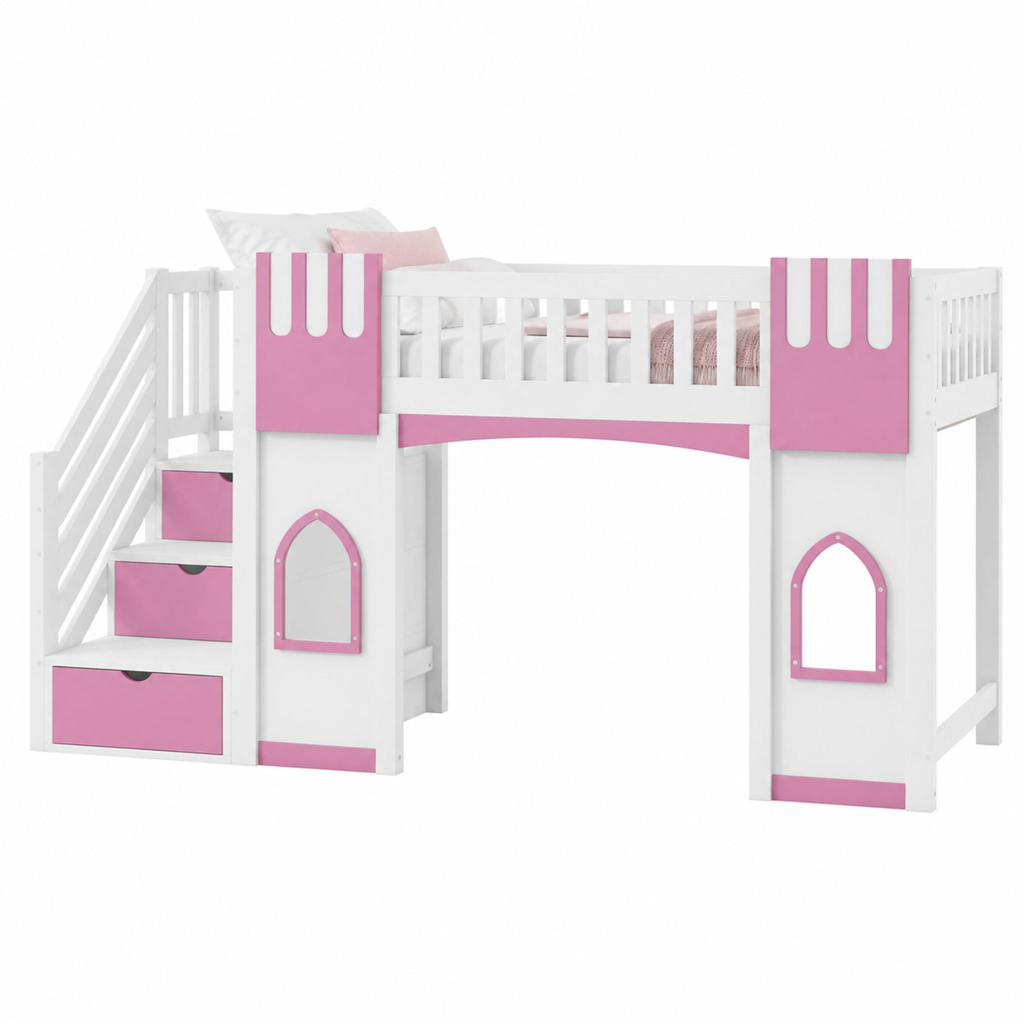 HOCHBETT mit Stauraumtreppe 90x200 cm Weiß/Pink - Pink, Holz (90/200cm) - Meubliv
