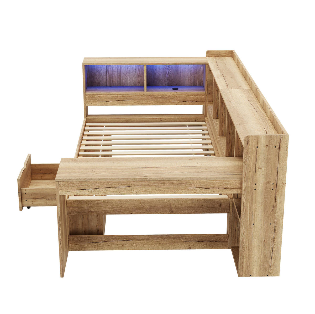 KINDERBETT 90/200 cm mit LED-Beleuchtung, USB- und Type-C-Anschluss, Schreibtisch und Stauraum, Naturfarbe - Naturfarben, Holzwerkstoff (90/200cm) - Redom