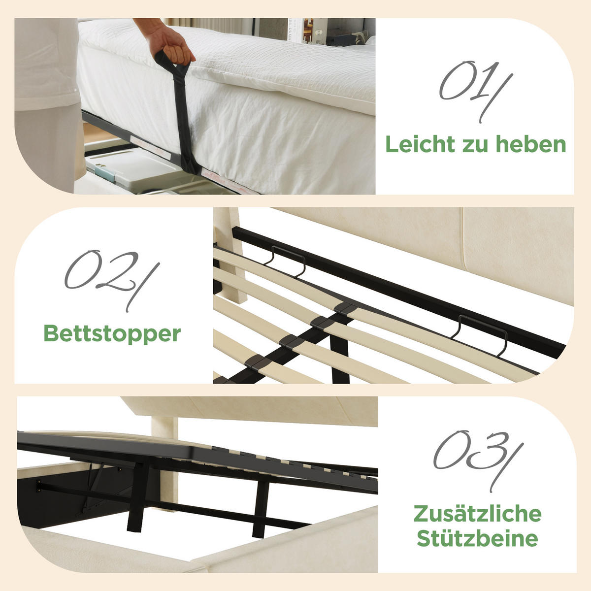 POLSTERBETT 140/200 cm mit höhenverstellbarem Stauraum-Kopfteil, LED, USB-C und hydraulischem Bettkasten, Samt, Beige - Beige, Leder (140/200cm) - Redom