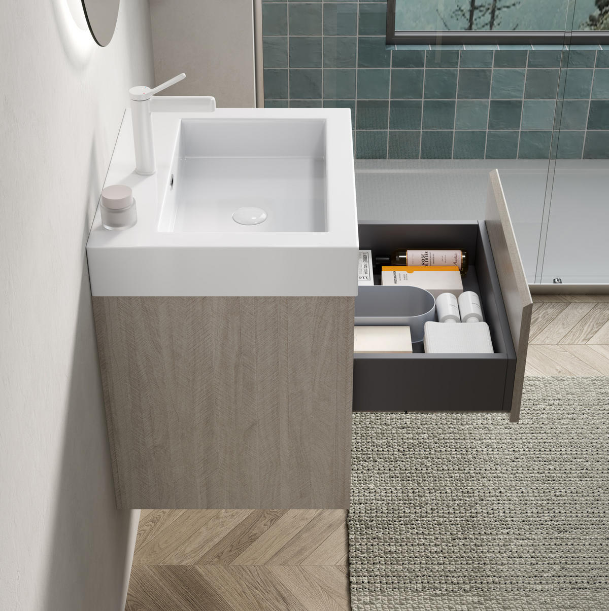 WASCHTISCHKOMBI 55 cm in Eiche/Weiß mit Soft-Close-Schublade und offenem Fach - Creme, Kunststoff (55/60/46cm) - BEAOK