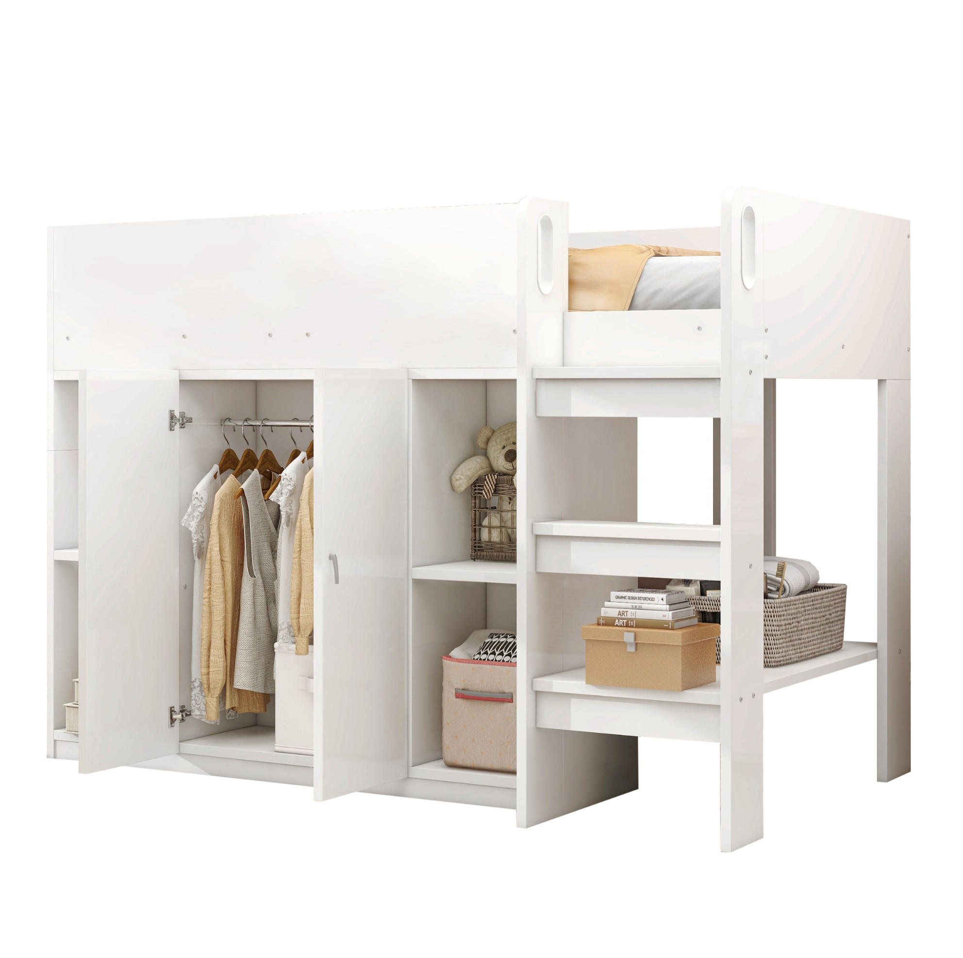 HOCHBETT 90/200 cm mit Stauraum, Schrank und Regalen in Weiß/Grau - Weiß, Holz (90/200cm) - Flora Grace