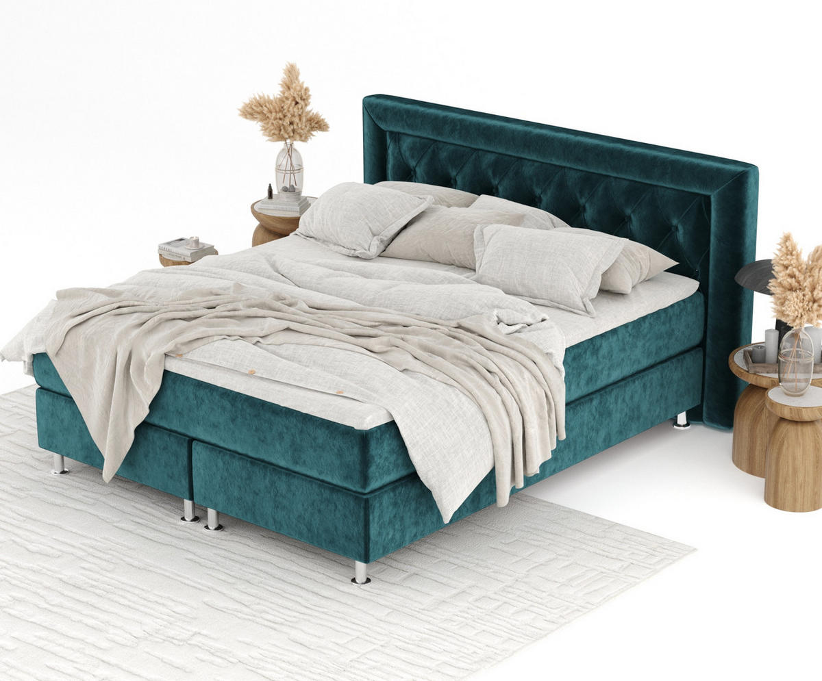 BOXSPRINGBETT Lavello Türkisfarben 140/200 cm mit Latex-Topper - Türkis/Silberfarben, Holz/Holzwerkstoff (140/200cm) - Maison de Reve