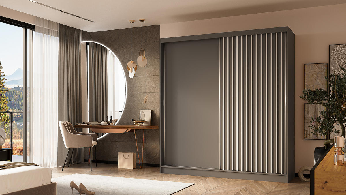 KLEIDERSCHRANK mit furnierten Schiebetüren und Aluminium-Leisten, LED-Beleuchtung - LABELO - 200 cm Grau+Grau+Weiß - Weiß/Grau, Holzwerkstoff (200/216/61cm) - ALTDECOR