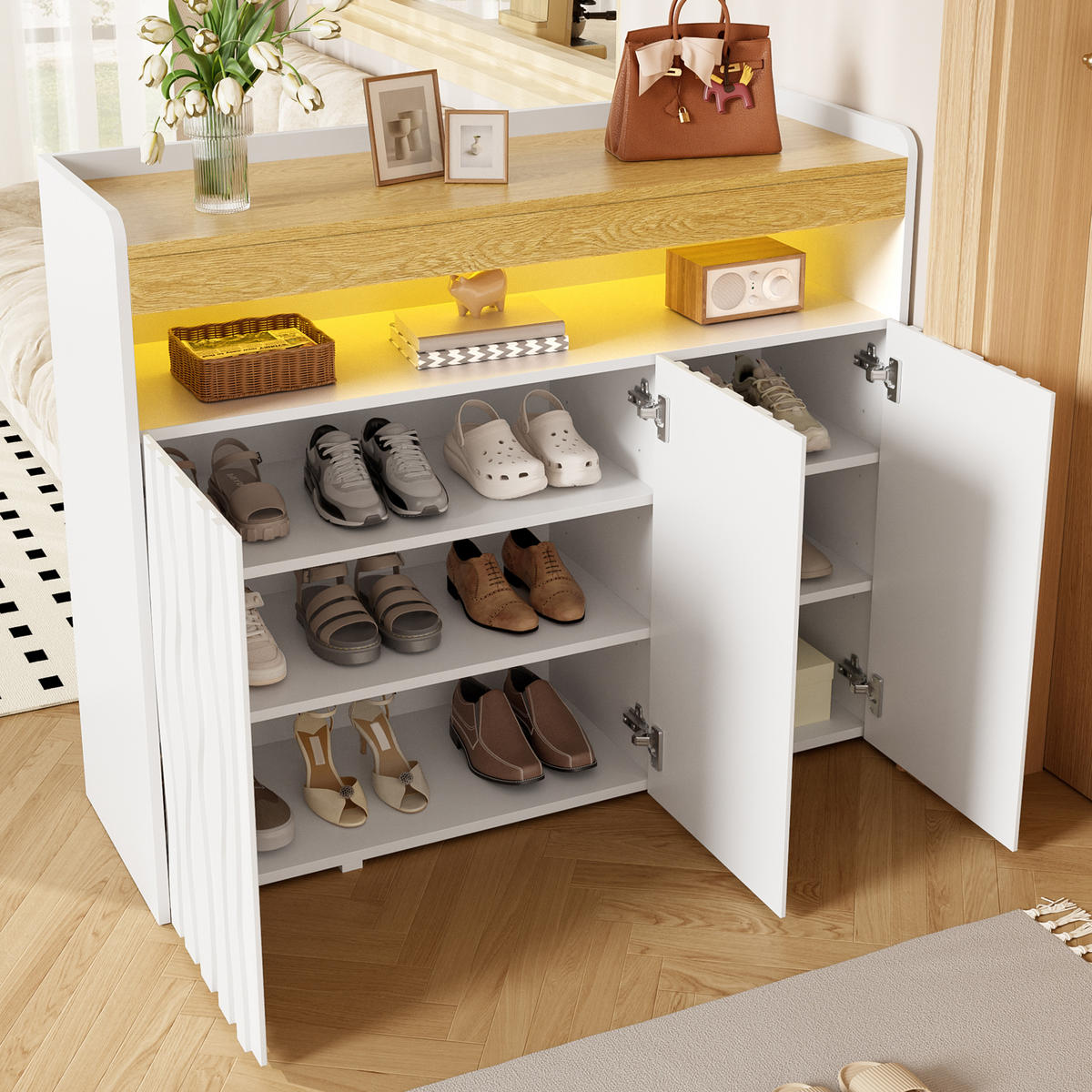 SIDEBOARD Schuhschrank LED 3 Türen Wellenmuster Ablagen 105cm - Multicolor, Holzwerkstoff (105/90.5/35cm) - FLIEKS
