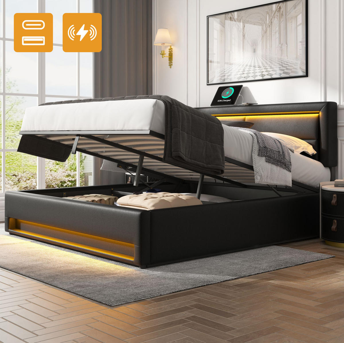 POLSTERBETT 140/190 cm mit USB-Ladefunktion, LED-Beleuchtung und Bettkasten aus PU, Schwarz - Schwarz, Leder (140/190cm) - Redom