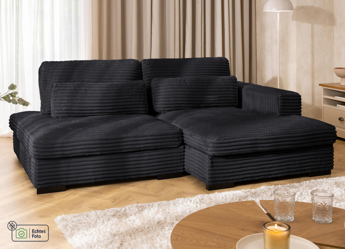 ECKSOFA Wolke mit tiefer Sitzfläche, Schlaffunktion und praktischem Bettkasten aus weichem Schwarz Cordstoff - Schwarz, Holz/Kunststoff (225/162cm) - S-Style
