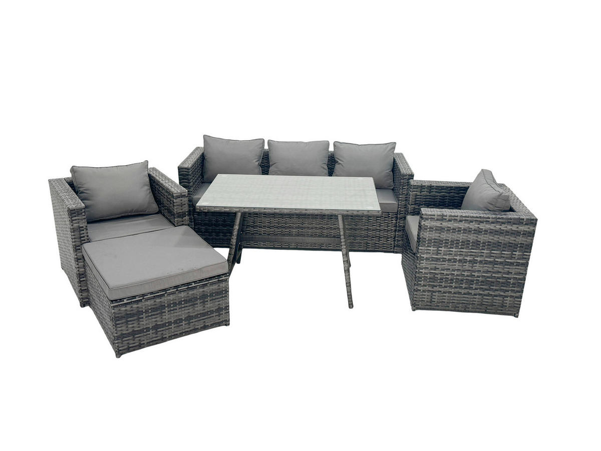 LOUNGESOFA SET mit Esstisch Hocker Polyrattan 6-Sitzer - Dunkelgrau/Grau, Glas/Kunststoff - Fimous
