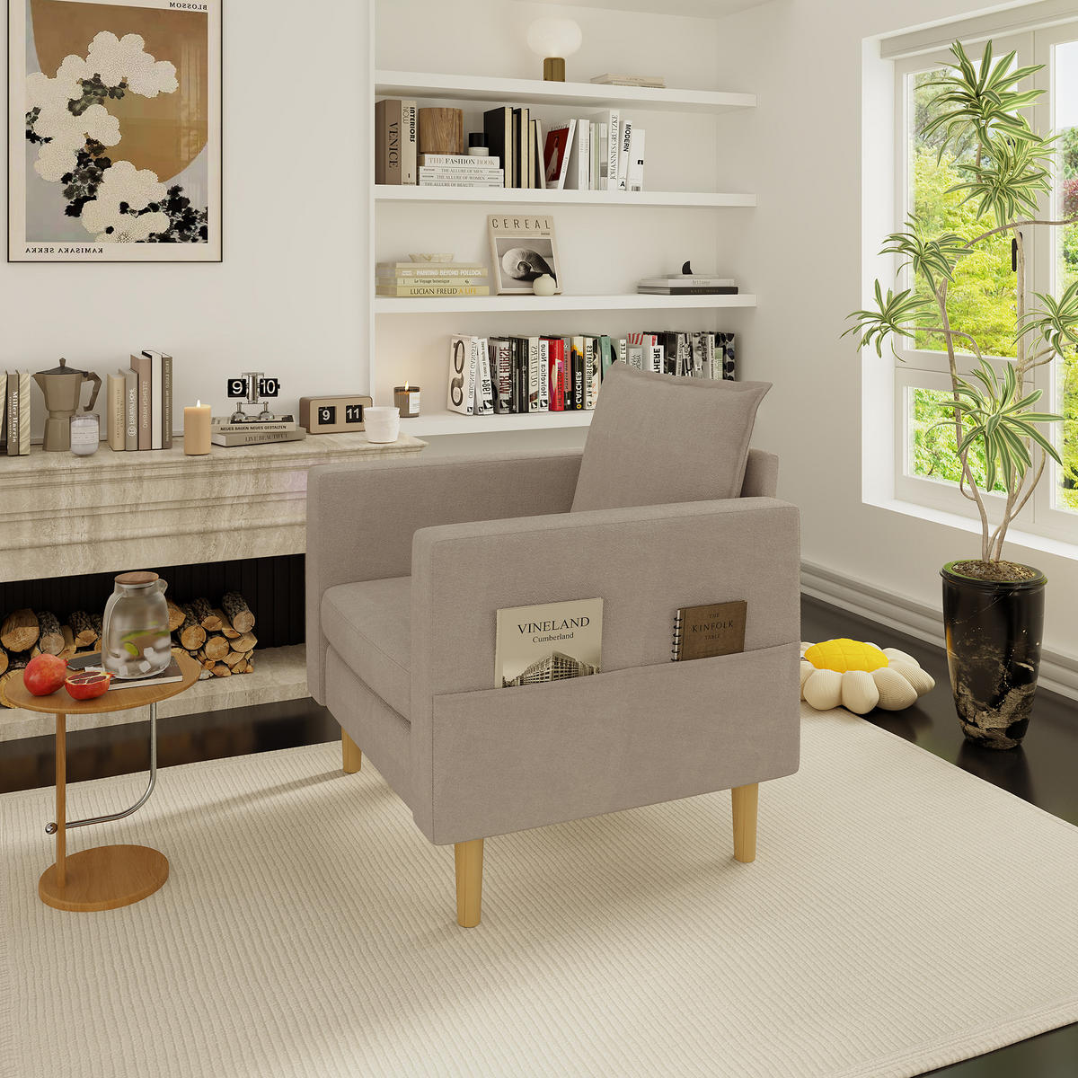 SESSEL Chenille Khaki mit Seitentasche und Kissen - Hellbraun, Holz/Holzwerkstoff (71/82/68cm) - WISHDOR