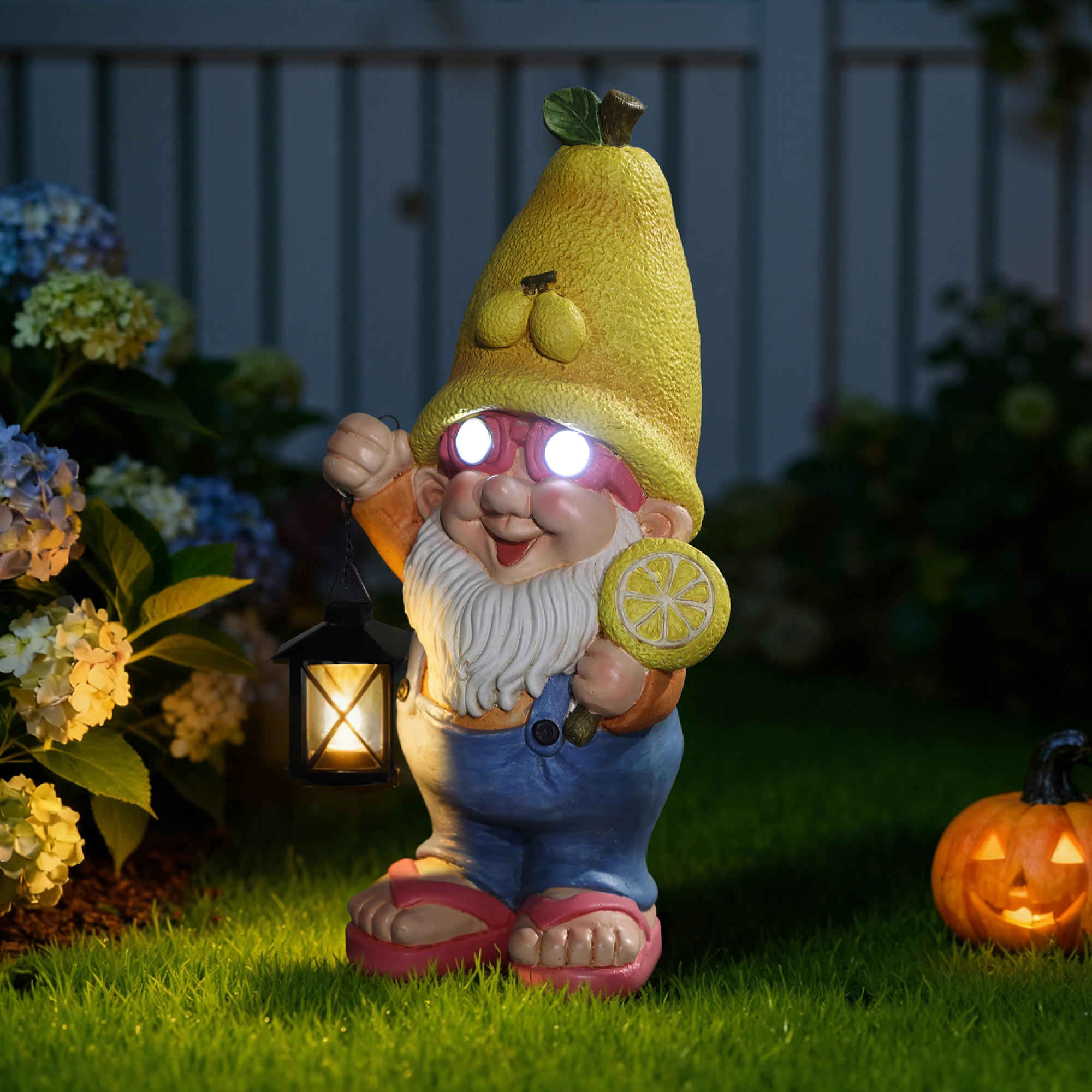 46CM Solarbetriebene Zwerggestalt in Form einer Zitrone Gartenfigur Zwerg mit Laterne, leuchtende Augen Geschenkidee für Mama - Multicolor, Naturmaterialien (23.5/46/16.5cm) - Hometopia
