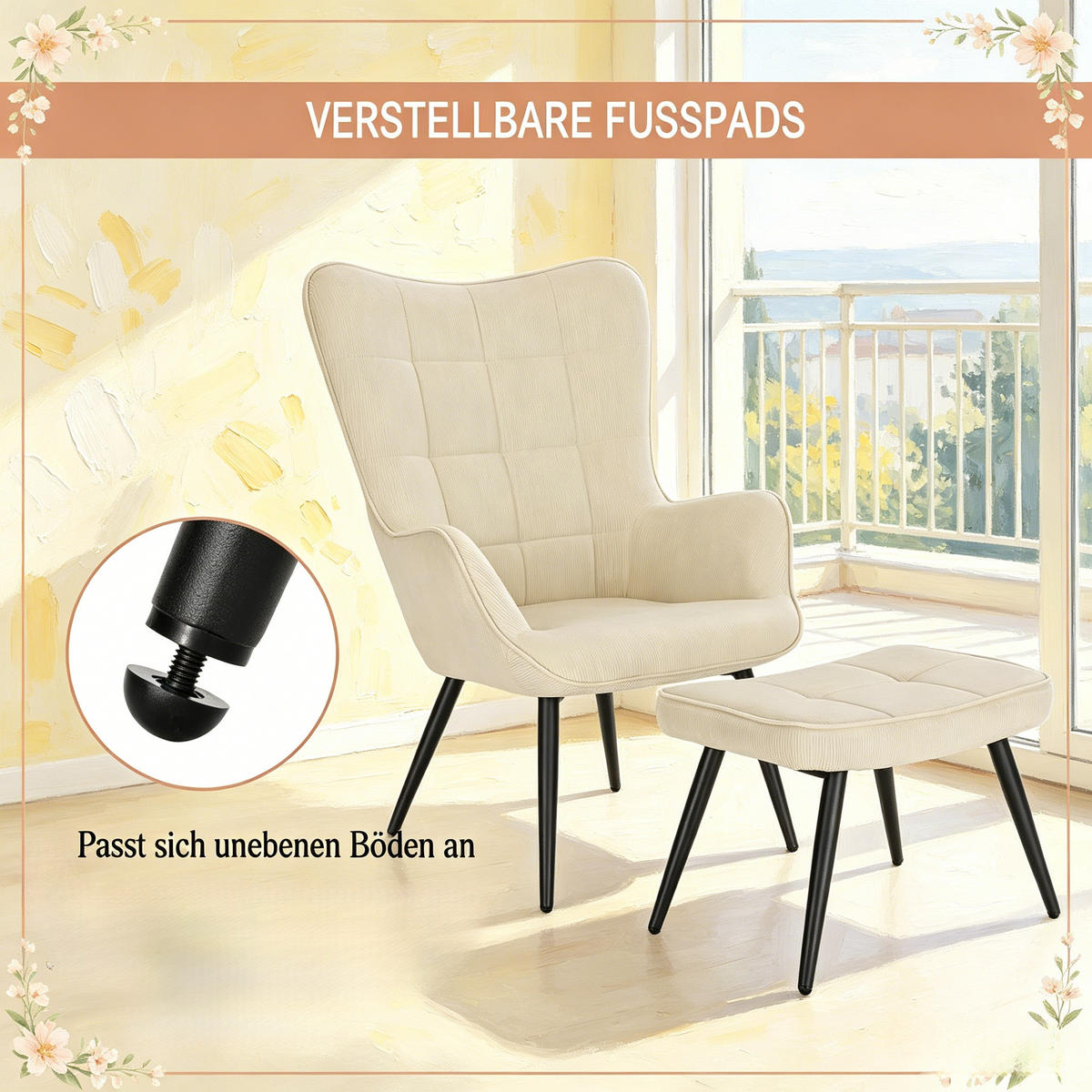 OHRENSESSEL mit Hocker, DE-42161, Creme - Creme, Metall (50/97/49cm) - ComfortXL