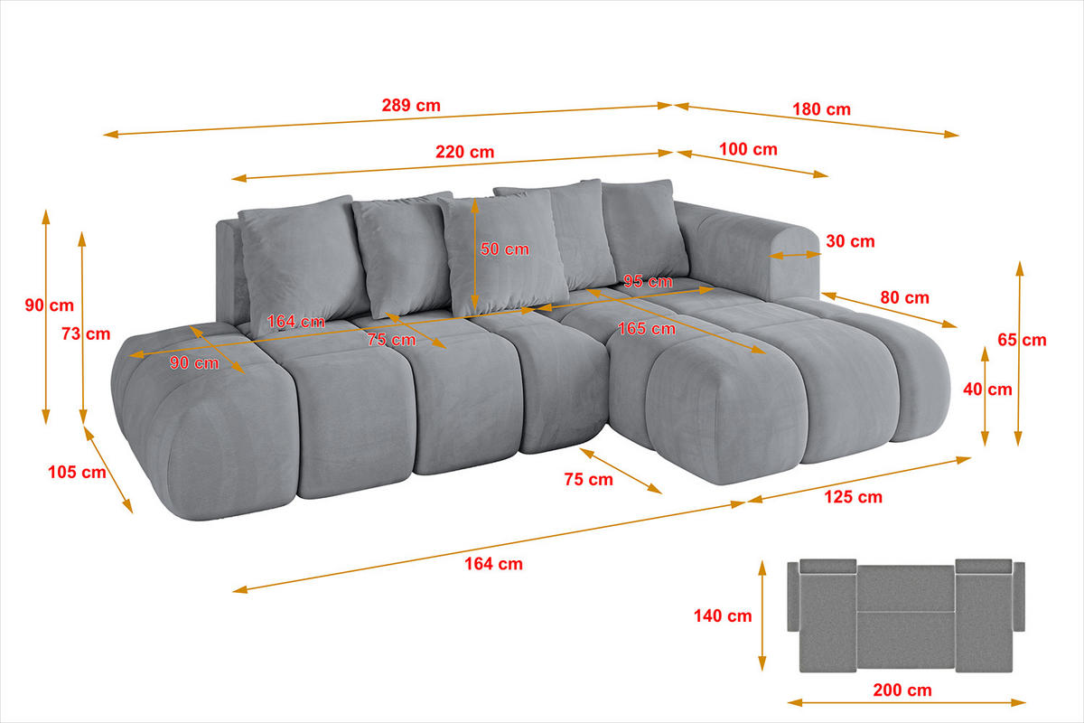 ECKSOFA Ottomane Rechts CLOUD-L-v1 289x180x40 Hellgrau Velours - Hellgrau, Holzwerkstoff/Kunststoff (289/180cm) - ALTDECOR