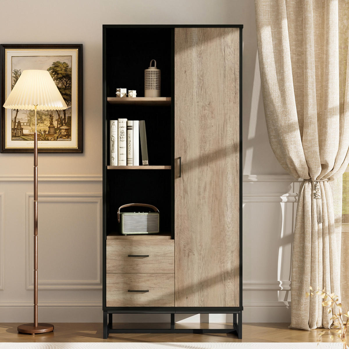 HIGHBOARD mit 1 Tür, 2 Schubladen 80x40x180 cm MDF Schwarz/Holzoptik - Schwarz, Holzwerkstoff (40/180/80cm) - Beauniv