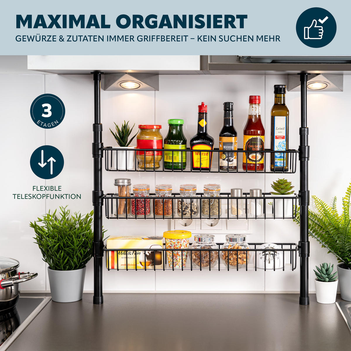 TELESKOP-GEWÜRZREGAL, schwarz, Metall - Schwarz, Metall (55/80/8cm) - bremermann