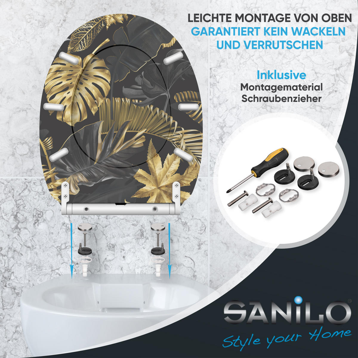 WC-SITZ mit Absenkautomatik & Top Fix Golden Leaves - Goldfarben, Holzwerkstoff (37.7/5.5/48cm) - Sanilo