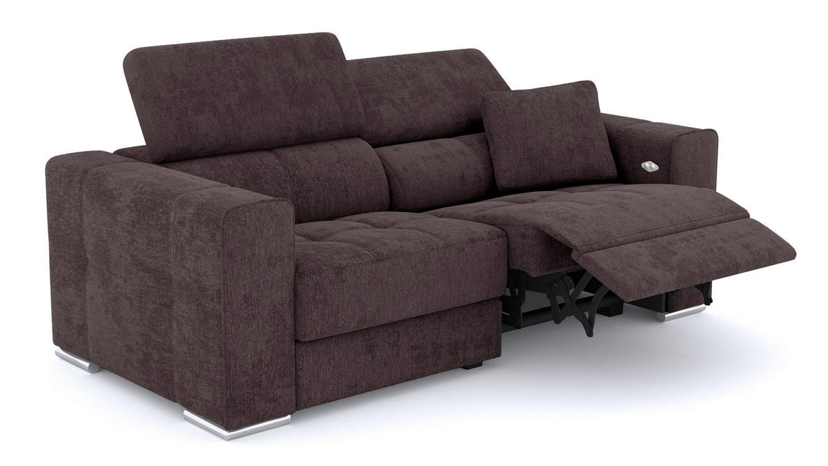 SOFA QUARTZ 3-Sitzer mit 1 Relaxfunktion, dunkelbraun - Dunkelbraun/Silberfarben, Holzwerkstoff/Textil (204/80/102cm) - Courtois Laville